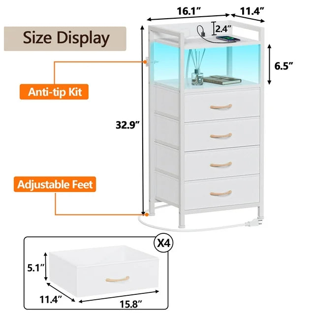 Furnulem White Fabric Dresser, Vertical Storage Tower Organizer with 4 Drawers for Bedroom, Living Room, Nightstand with Outlets & Led Lights