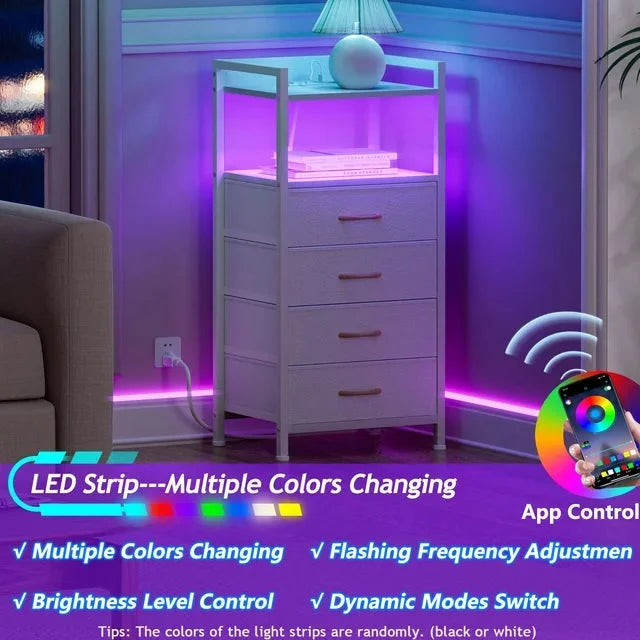 Furnulem White Fabric Dresser, Vertical Storage Tower Organizer with 4 Drawers for Bedroom, Living Room, Nightstand with Outlets & Led Lights