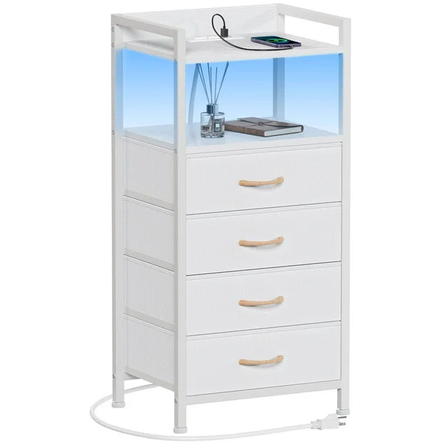 Furnulem White Fabric Dresser, Vertical Storage Tower Organizer with 4 Drawers for Bedroom, Living Room, Nightstand with Outlets & Led Lights