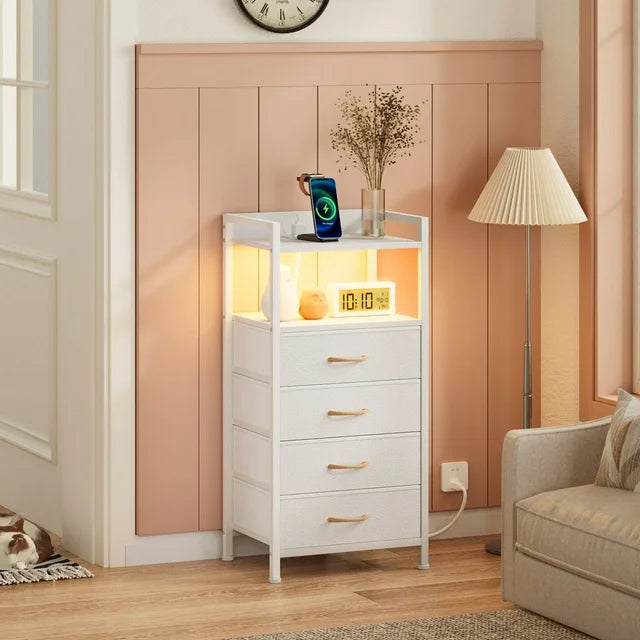 Furnulem White Fabric Dresser, Vertical Storage Tower Organizer with 4 Drawers for Bedroom, Living Room, Nightstand with Outlets & Led Lights