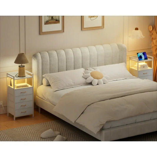 Furnulem White Fabric Dresser, Vertical Storage Tower Organizer with 4 Drawers for Bedroom, Living Room, Nightstand with Outlets & Led Lights