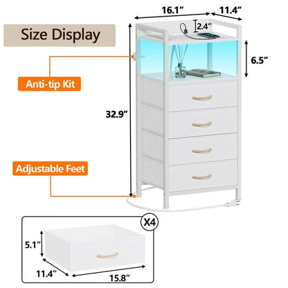 Furnulem White Fabric Dresser, Vertical Storage Tower Organizer with 4 Drawers for Bedroom, Living Room, Nightstand with Outlets & Led Lights