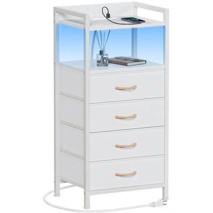 Furnulem White Fabric Dresser, Vertical Storage Tower Organizer with 4 Drawers for Bedroom, Living Room, Nightstand with Outlets & Led Lights