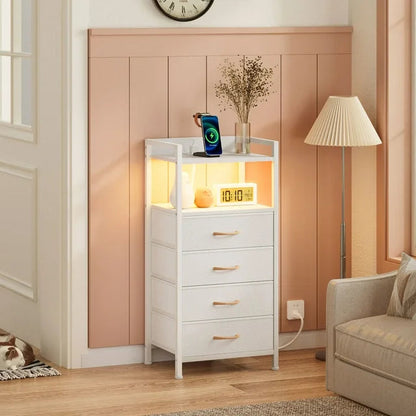 Furnulem White Fabric Dresser, Vertical Storage Tower Organizer with 4 Drawers for Bedroom, Living Room, Nightstand with Outlets & Led Lights
